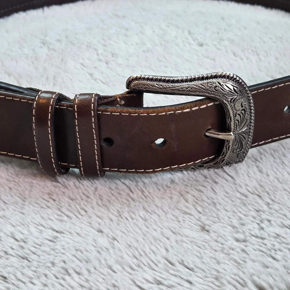 Western Leather Belt Mens 36 Brown Engraved Buckle Woven‎ Inlay